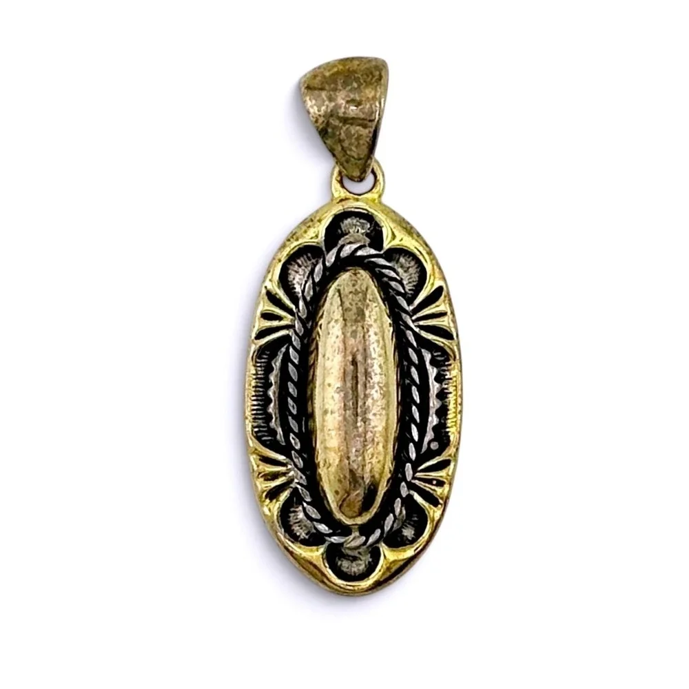 Vintage Southwestern Two Tone Silver Gold Oval Pendant Hand Stamped 2.5